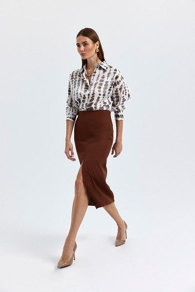 Tuba Butik Slit Straight Cut Brown Midi Skirt