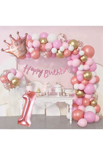 CUGY Pink Princess Crown for Girls 1 Year Old Themed Balloon Birthday Balloon Chain Set