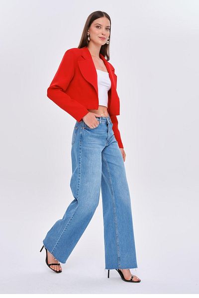 Tuba Butik Κόκκινο Γυναικείο Μπουφάν - Βαμμένο Blazer Crop