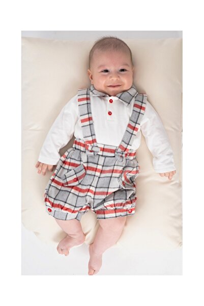 miabambim Ekose Desen 2'li Erkek Çocuk Salopet Takım Beyaz