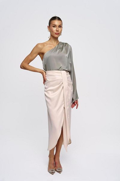 Tuba Butik Belted Long Beige Satin Skirt