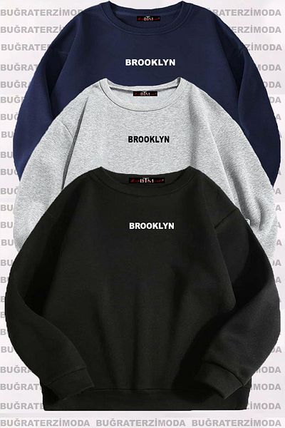 Buğraterzimoda Brooklyn Printed Unisex 3-Piece Black Grey Navy Blue Crew Neck Oversize Sweatshirt