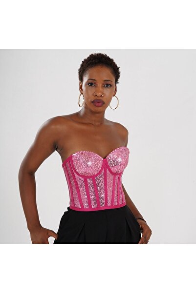 Metay Design Fuşya Korse Büstiyer Pul Payetli Model