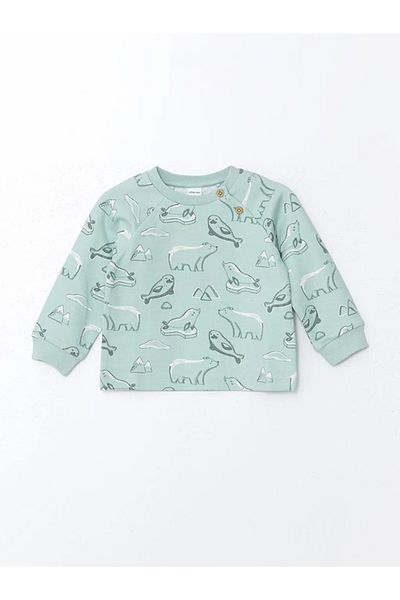 LC Waikiki Lcw Baby Green Printed Crew Neck Printed Baby Boy Cardigan and Pants 2-Piece Set