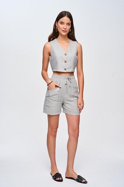 Tuba Butik Linen Vest Shorts Gray Women's Set