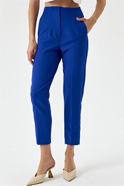 Tuba Butik High Waist Flat Saks Blue Women's Trousers