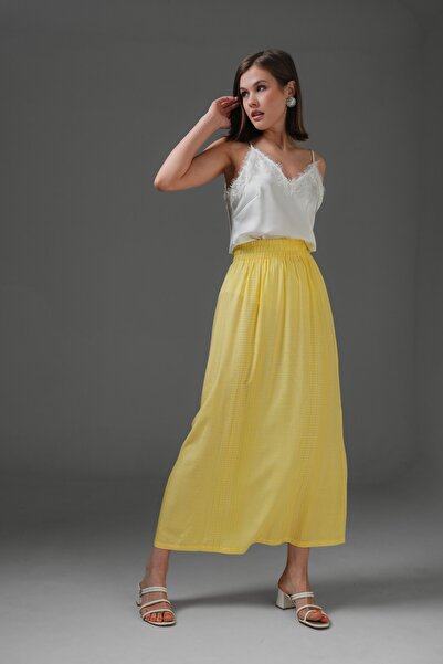 Saade Sarı Beli Lastikli Yüksek Bel Dokuma Etek