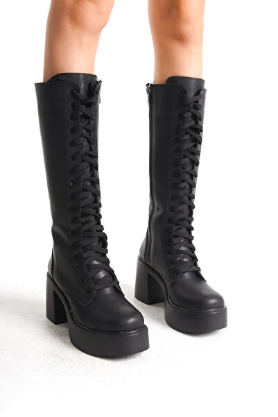 Limeo Μαύρες γυναικείες μπότες με χοντρό ψηλό τακούνι με φερμουάρ κάτω από το γόνατο, απλές με κορδόνια