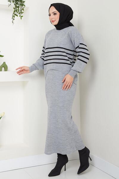 hafsamina Gray Striped Knitwear Gilet Sweater and Top Set - Hm2596