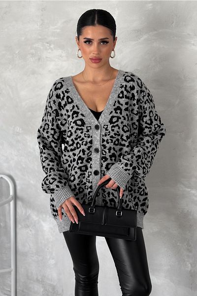 FEMELLE Women's Gray Leopard Pattern Oversize Knitwear Cardigan