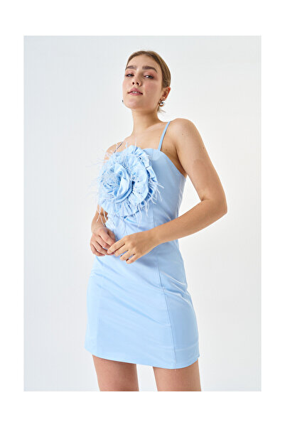 Favori Tekstil Pamuk Saten Kumaş Mini Boy Gül Detaylı Askılı Abiye Elbise