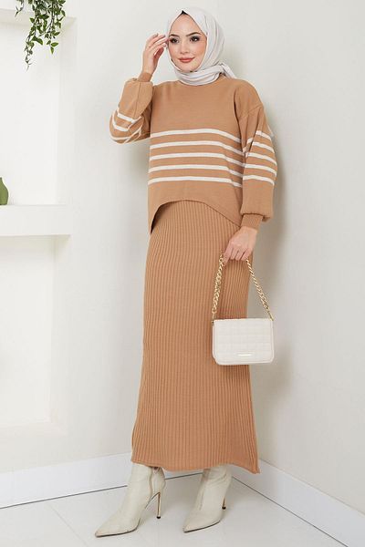hafsamina Camel Striped Gilet Knitwear Sweater and Top Set - Hm2596