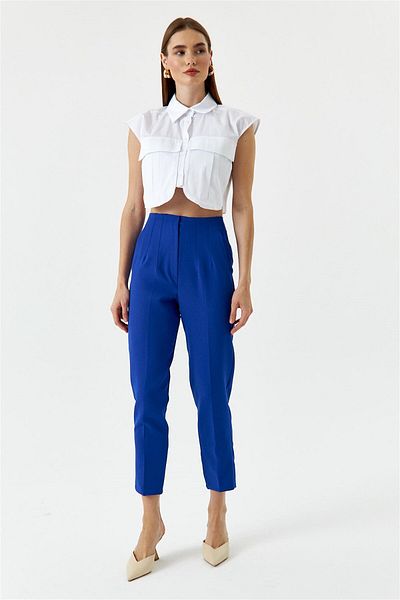 Tuba Butik High Waist Flat Saks Blue Women's Trousers