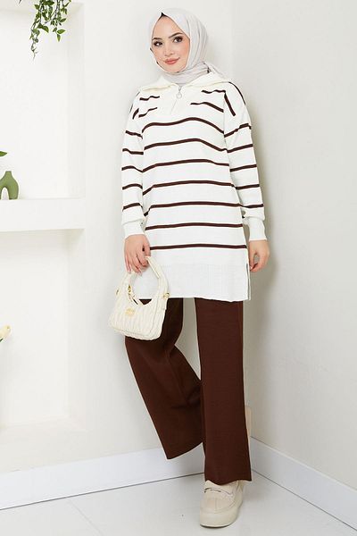 hafsamina Brown Striped Knitwear Tunic and Trousers Set - Hm2586