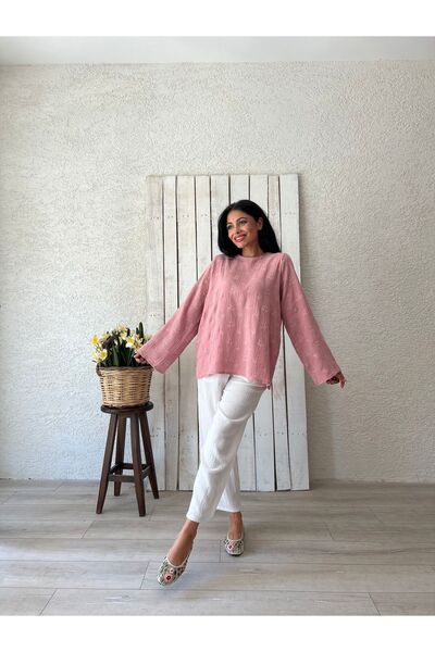 KÜÇÜĞÜM BUTİK Χαλαρή μουσελίνα μπλούζα - Κεντημένη σε πούδρα