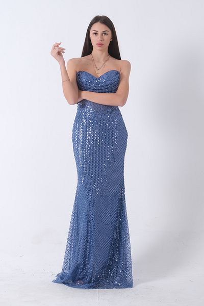 Feminist Sequin Stone Embroidered Strapless Fish Evening Dress Indigo 9705304