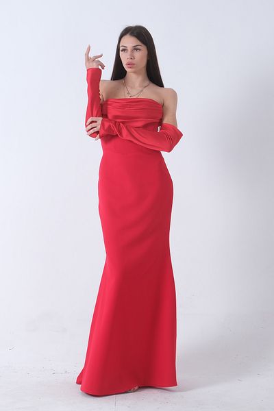 Feminist Red Long Draped Evening Dress - Button Detailed 9705361