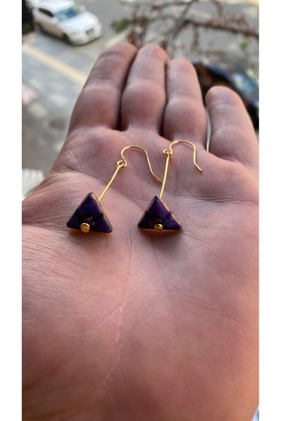 Porsuk Alternatif Handmade Patina Painted Triangular Pyramid Bar Women Earrings