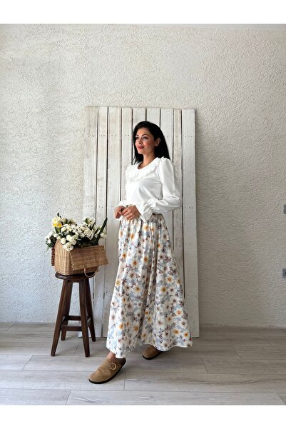 KÜÇÜĞÜM BUTİK Mavi Açelya Çiçeği Kloş Poplin Etek