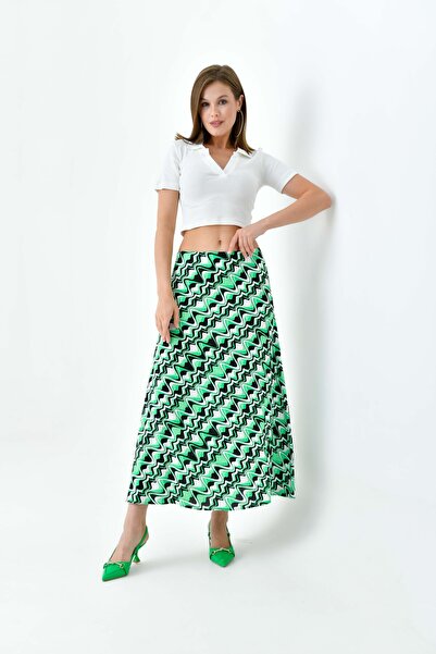 Saade Fusta țesătă midi cu imprimeu în linie A verde