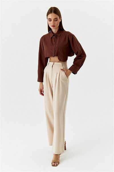 Tuba Butik Folded High Waist Palazzo Beige Women's Trousers