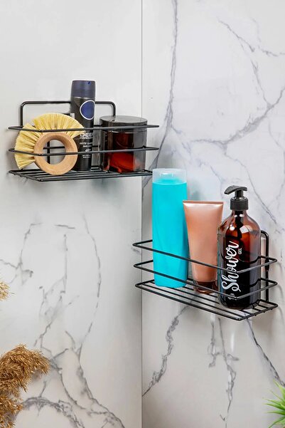 Evistro Banyo Köşe Rafı Tek Katlı Siyah Şampuanlık Vidalı Duvara Monte 2 Adet