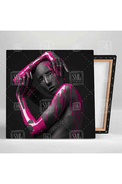 SML TABLO Modelul Magenta Decor Pictură pătrată pe pânză care pozează cu mâinile sale pictate în roz