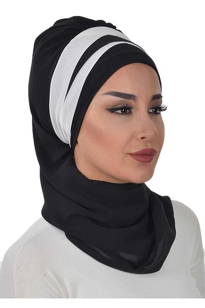 Ayşe Tasarım Double Colored Chiffon Ready Turban - Cross Sewn, with Scarf, ht-52,ht-52