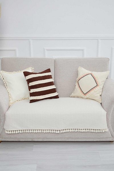 Aisha's Design 90X155 cm Linen Textured Fringed Sofa Cover - Ko-24Ik