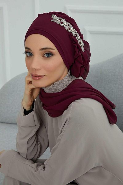 Aisha's Design عمامة شيفون جاهزة - كشكشة جانبية وإكسسوارات حجرية، HT-100، HT-100