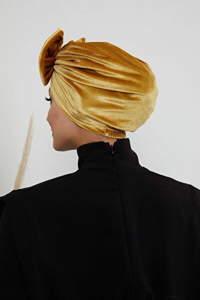 Ayşe Tasarım Velvet Bonnet with Bow, B-27K, Mustard