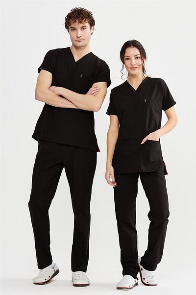 Çatı Medikal Ultralycra Basic - Set de tricouri pentru exfoliant negru din Lycra, uniformă chirurgicală UNISEX