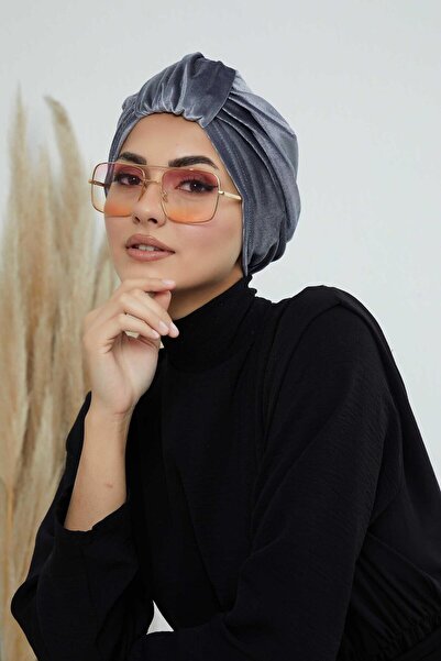 Aisha's Design بونيه مخملي بتفاصيل حزام أمامي، B-68K، رمادي