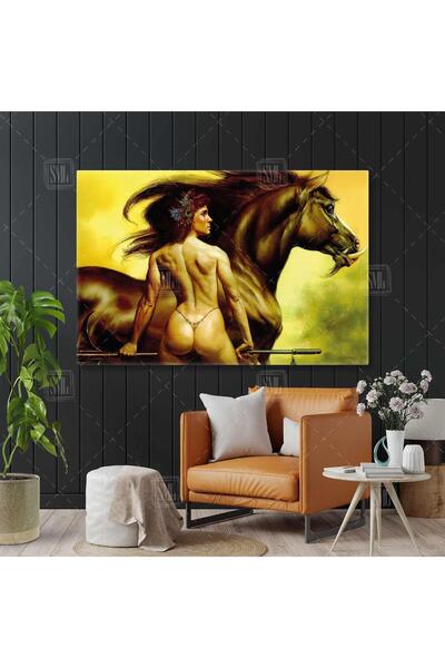 SML TABLO Atının Yanında Amazon Savunucu Mızrak Elinde Savaşçı Nü Kadın ve at...