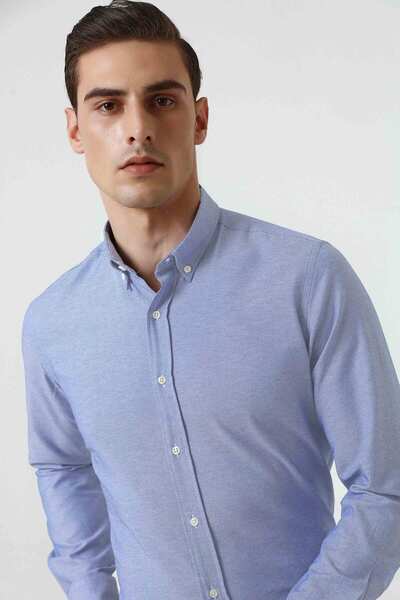 D'S Damat Modrá Slim Fit bavlněná košile - Dobby límec, zapínání