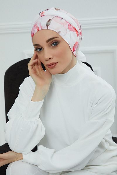 Aisha's Design غطاء رأس من القطن الممشط بحزام من الشيفون - B-24yd