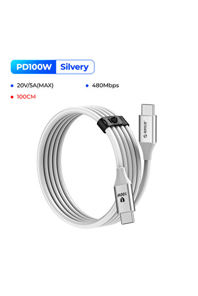 Orico كابل USB-C أبيض بطول متر واحد وقوة 100 واط، شحن سريع من النوع C إلى USB...