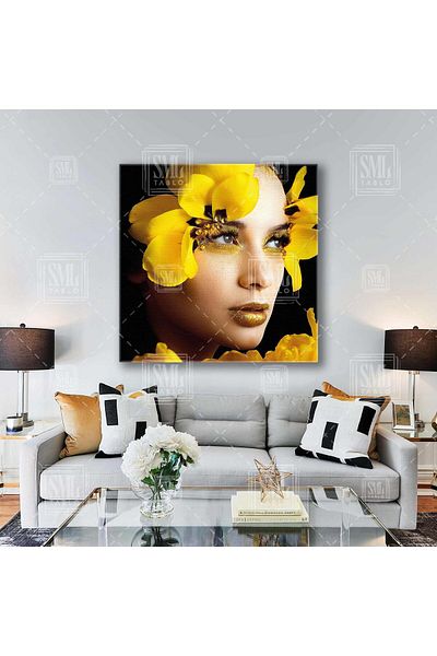 SML TABLO Model de machiaj cu sclipici galbene, cu detalii florale, pictură pătrată pe pânză