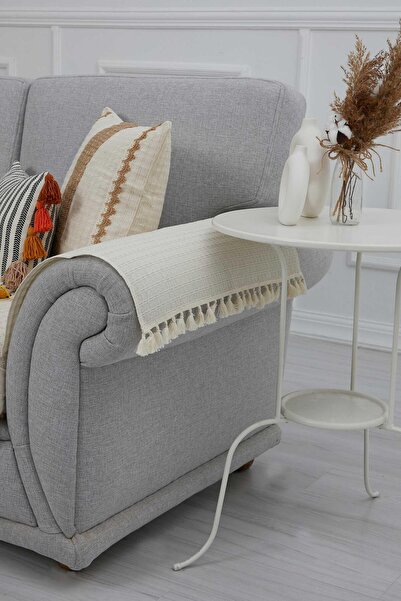 Aisha's Design Fringed Linen Textured 3-Piece Sofa Cover and Armrest Set, Ktk-1, Cream