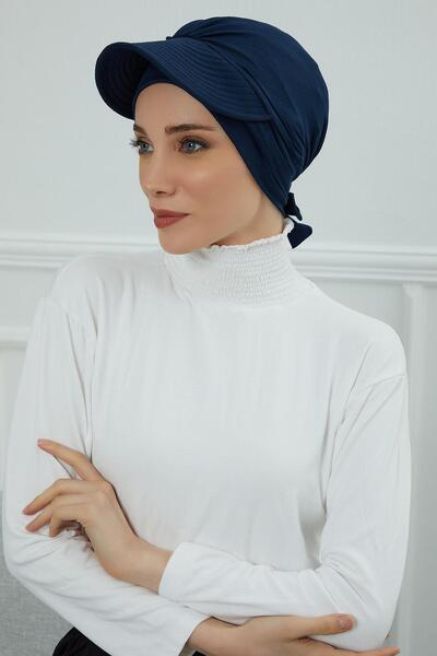 Aisha's Design Combed Cotton Bonnet with Visor Detail, B-66, Navy Blue