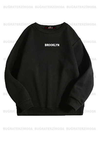 Buğraterzimoda Φούτερ Brooklyn με Τύπωμα 3'λιτρο Unisex Oversize - Σαξανή Μπλε, Μαύρο, Γκρι, Στρογγυλή Λαιμόκοψη