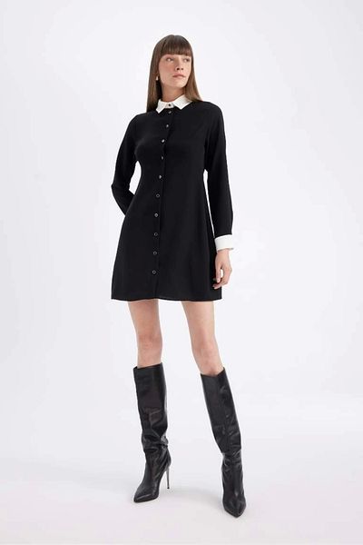 DeFacto D2874 Rochie mini creponată cu mânecă lungă