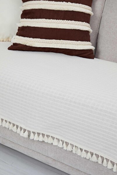 Aisha's Design Fringed Linen Textured Sofa Cover 90X155 Cm, Ko-24Ik, Cream