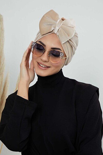 Ayşe Tasarım Βελούδινο καπέλο με φιόγκο, B-27K, Μπεζ