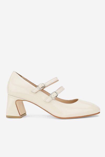 TUNAELLİ Women's Beige Patent Leather Genuine Leather Number 35-41 Double Strap Heel Shoes