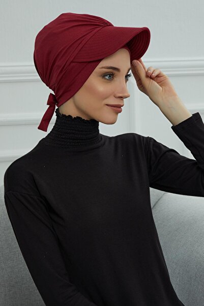 Aisha's Design Combed Cotton Bonnet with Visor Detail, B-66, Burgundy