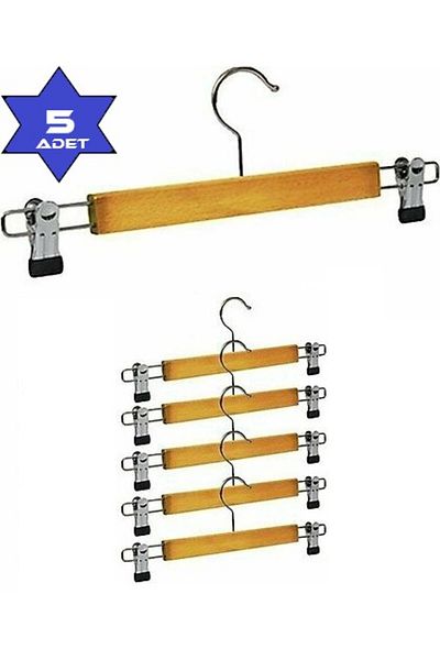 Mu Art Ahşap Wooden Trouser and Skirt Hanger with Latch and Clip Hanger (5 Pieces) (5175)