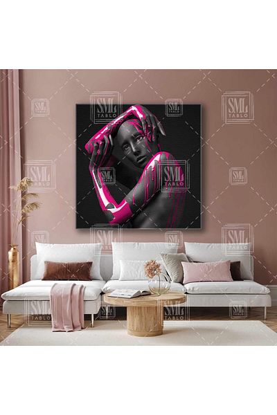 SML TABLO Modelul Magenta Decor Pictură pătrată pe pânză care pozează cu mâinile sale pictate în roz