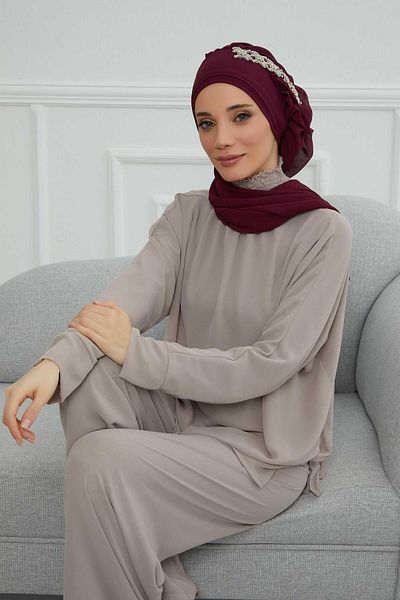 Aisha's Design عمامة شيفون جاهزة - كشكشة جانبية وإكسسوارات حجرية، HT-100، HT-100