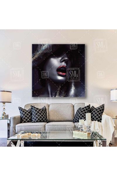SML TABLO Negru Alb Sclipici Roșu Strălucitor Ruj Model Make Up Decorativ Pătrat Canvas Art